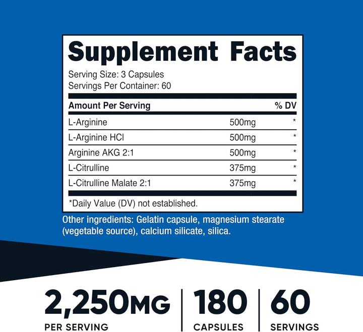 Nitric Oxide Booster 2250Mg, 180 Capsules - 750Mg per Casule, 60 Servings - Gluten Free and Non-Gmo
