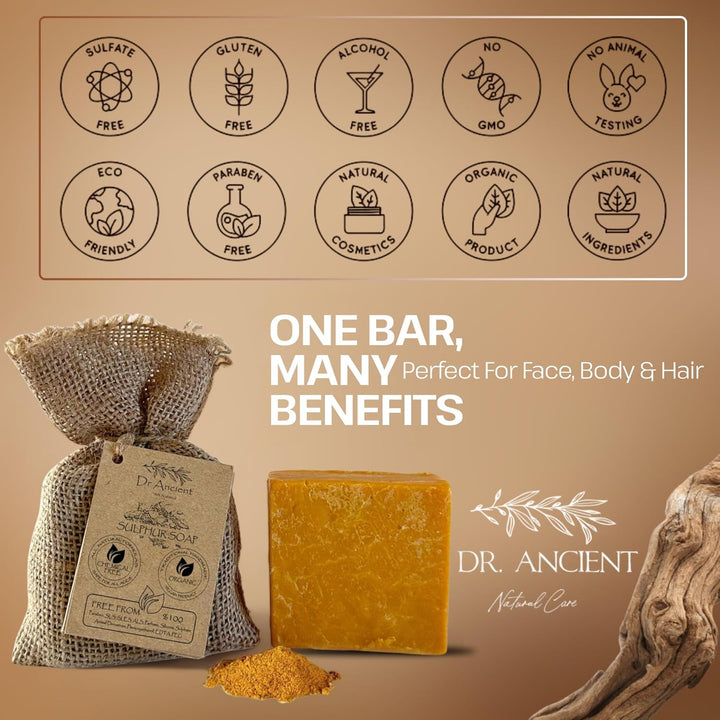 Sulphur Soap Bar, Best Sulfur Soap for Acne, Traditional Soaps for Oily Skin & Hair, anti Bacterial Sulfur Acne Treatment, Organic, Vegan, Pure Natural Handmade Acne Soaps