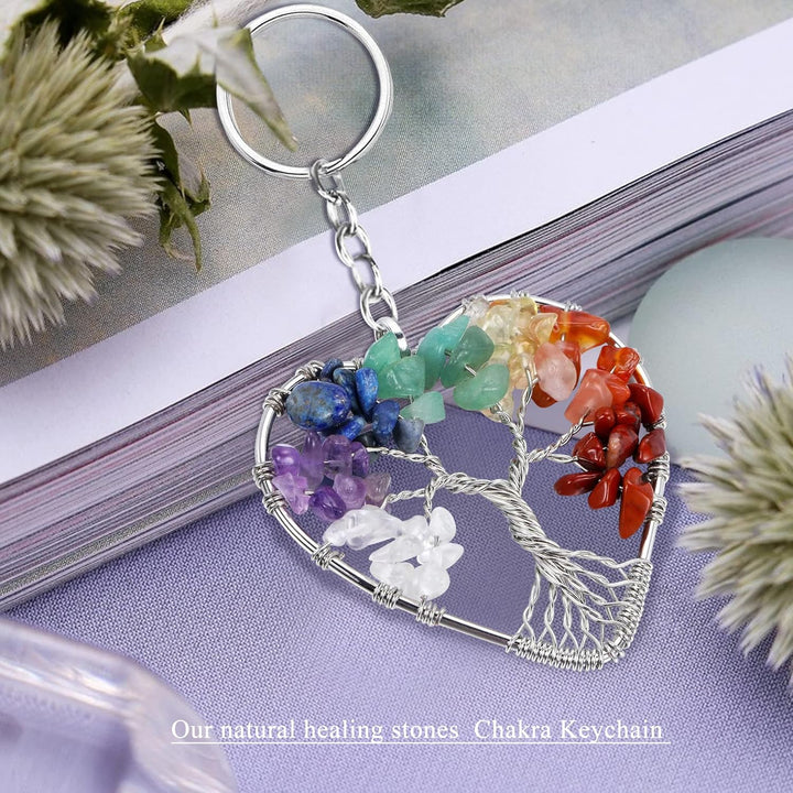 Tree of Life Keyring 7 Chakra Healing Crystal Tumbled Stone Natural Gemstone Car Key Chain Reiki Healing Keychain for Friendship Women Men Girls Bikes Home