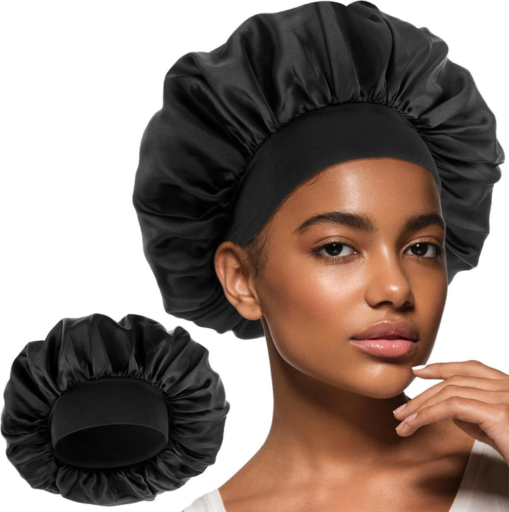 Silk Bonnet for Men, Satin Bonnet Single Layer Elastic Band Silk Sleep Cap Black Soft Adjustable Hair Cap Hair Wrap Large Bonnets for Women Sleeping