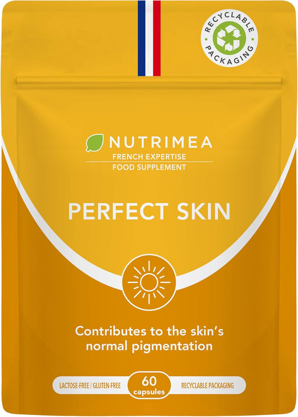 PERFECT SKIN - Tanning Accelerator Tablets - Natural Sun Protector - Bronzed Glow - 60 Vegan Capsules - Beta Carotene and Burdock - French Expertise - Nutrimea