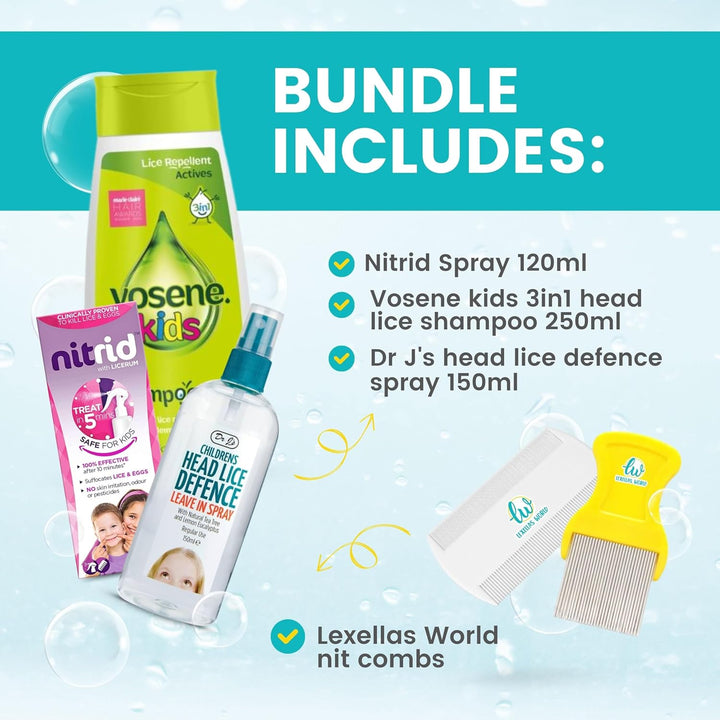 Head Lice Treatment Kit with 1 X Nitrid Headlice Treatment Spray 120Ml, 1 X Vosene 3-In-1 Lice Shampoo, 1 X Dr J'S Head Lice Defence Spray Bundle with 2 X  Nit Combs