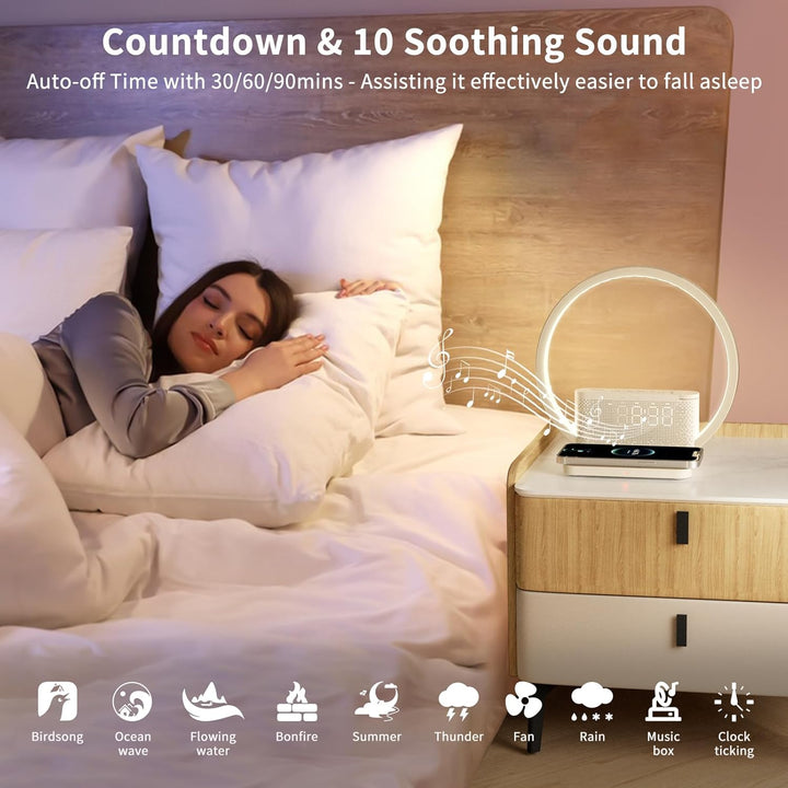 Bedside Lamp, Wake-Up Light, 10 Watt Wireless Charger, Touch Dimmable Table Lamp, Sunrise Alarm Clock, 3 Levels of Brightness, Soothing Sound, Bedroom Sleep Aid for Babies & Adults