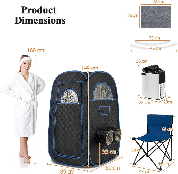 Portable Steam Sauna, Full Size Home Personal Sauna Tent with 3L 1000W Steamer, Remote Control, Folding Chair, Foot Massager Board, Foldable Full Body Steam Spa (Black)