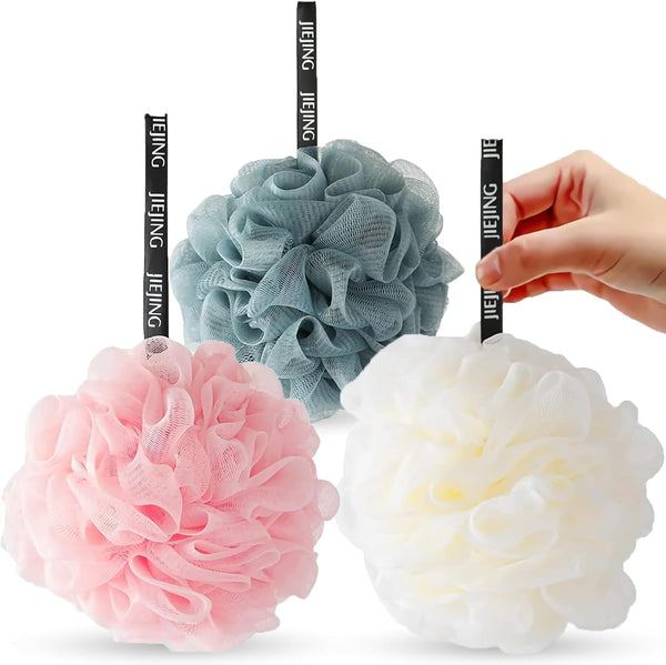 Loofah Shower Puff 3Pcs - Ultra Soft Mesh Bath Sponges for Adults Exfoliating, Scrubbing and Cleaning - Body Scrubbers for Use in Shower