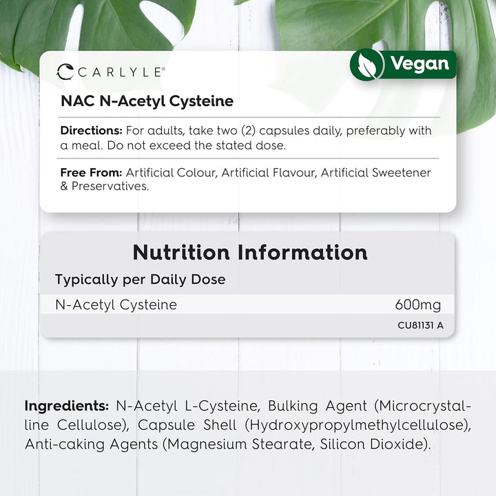 NAC Supplement N-Acetyl-Cysteine 600Mg | 120 Vegan Capsules of Nac N-Acetyl-Cysteine | Amino Acid Free Form Formula | by