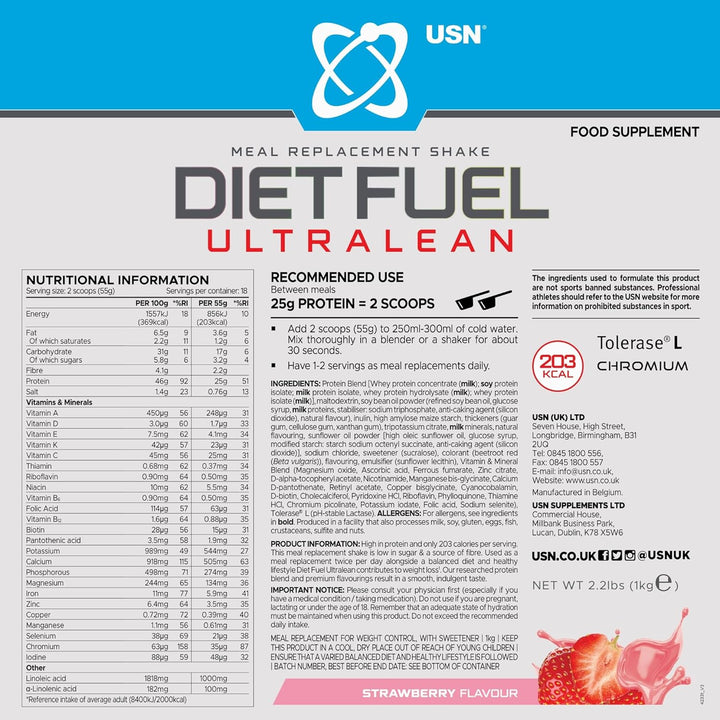 Diet Fuel Ultralean Meal Replacement Shake Powder, Strawberry Flavour - 1Kg, High Protein Shake Powdered Drink Mix, Low Calorie Diet & Weight Control Powder, 25G Protein