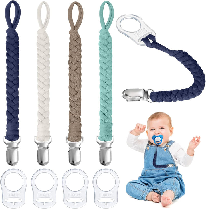 Dummy Clips Baby Pacifier Chain, 4 Pcs Baby Dummy Pacifier Chain with 4Pcs Clip Adapter, Silicone Ring Adapter, Soother Chain Holder Straps Teething Clips for Baby Teething Toys