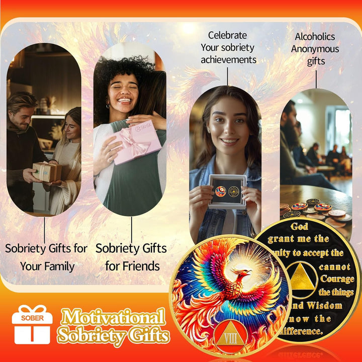 Phoenix of Light 8 Year Sobriety Coin, Rebirth in Fire AA Coin - Addiction Recovery Eignt Year Sober Medal with Token Capsule, Alcoholics Anonymous Sobriety Gifts for Men and Women