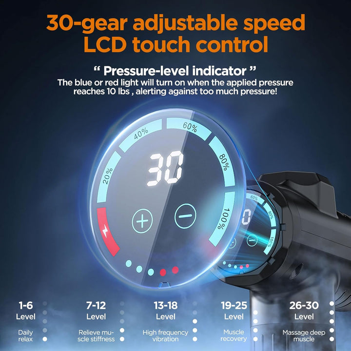Massage Gun Deep Tissue, Portable Muscle Massage Device with 10 Massage Heads, 2025 Upgraded 30 Speeds Massager with LCD Touch Screen for Body Back Shoulder Muscle Relaxation