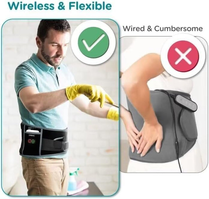 Cordless Back Heat Pad with Massager for Pain Relief, Portable Heated Warmer with Dual Adjustable Straps, Waist Belt for Period, Lower Back Massager, 3 Heating Levels with 30Mins Auto-Off