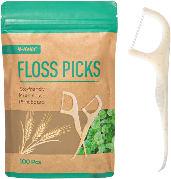 Twin-Line Dental Floss Stick -100 Pcs Eco-Friendly Wheat Straw Floss Picks, Dental Floss, Teeth Cleaning,Sustainable & Reusable, Vegan & Cruelty-Free