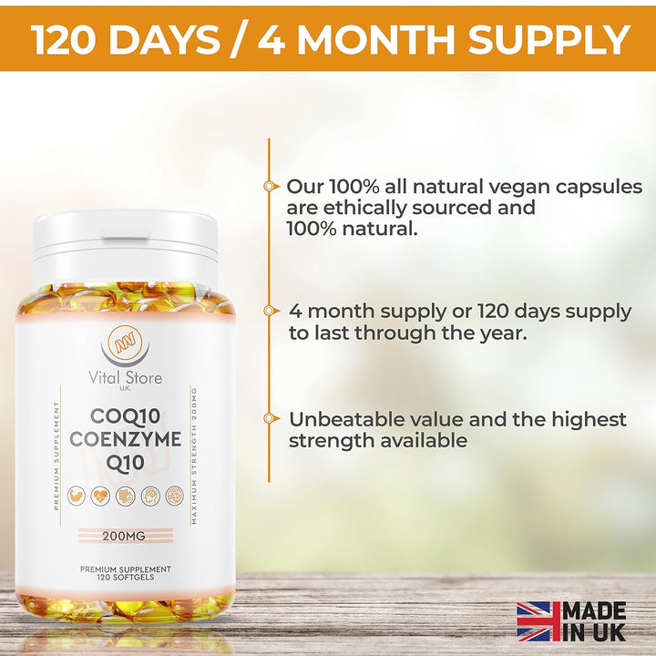 Coq10 200Mg - 120 Vegan Softgels (4 Month Supply) - Easy to Swallow - Vegan Ubiquinone Coenzyme Q10 - High Strength Coq10 Supplement for All Diets