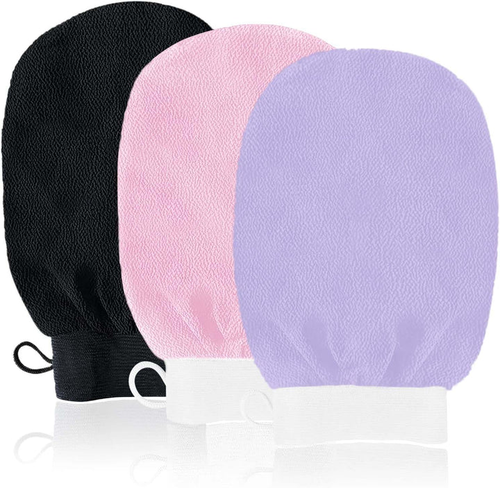 Exfoliating Gloves, 3 Pack Body Scrub Glove Bath SPA Exfoliating Mitts, Dual-Sided Deep Clean Exfoliation Scrubbing Mitt, Dead Skin Remover Glove Deep Body Scrubber（White+Pink+Black）