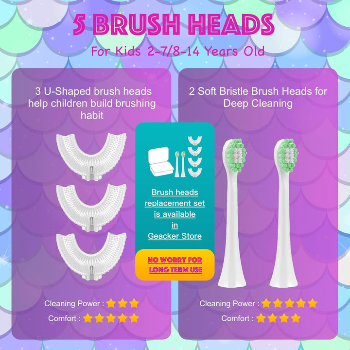 Kids Electric Toothbrushes, U Shaped Toothbrush Kids Sonic Automatic Brush with 5 Brush Head 6 Sonic Clean Modes IPX7 Waterproof Mermaid Design Rechargeable Smart Timer for Children 8-14