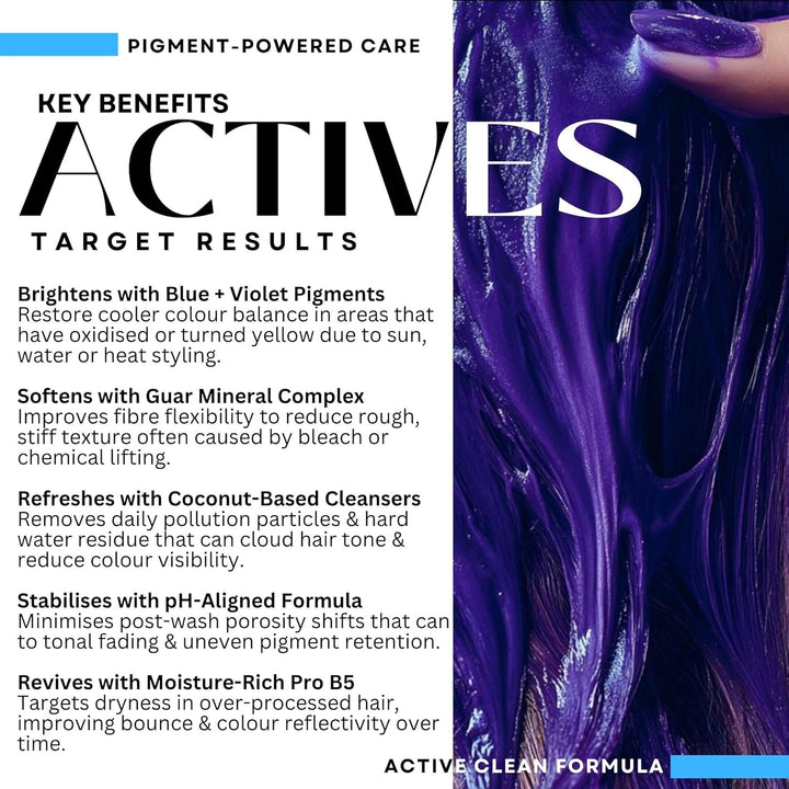 Blue Purple Shampoo for Blonde Grey Silver Highlighted Hair Pro Active Colour Defence + Protect Revive + Refresh Brilliant Brassy Tone Correcting Pigment Deposit Vegan Guar Mineral Complex 250Ml