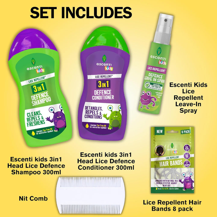 Escenti Kids Head Lice Prevention Bundle: Head Lice Shampoo, Tea Tree Conditioner, Leave-In Nit Repellent Spray for Kids with Tea Tree, Lice Bands 8Pk & Nits Comb - Complete Lice Treatment Kit by GBH