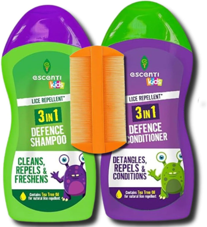 Escenti Kids 3-In-1 Head Lice Prevention Bundle – Natural Lice Defence Shampoo (300Ml), Conditioner (300Ml) &  Nit Comb for Daily Headlice Protection