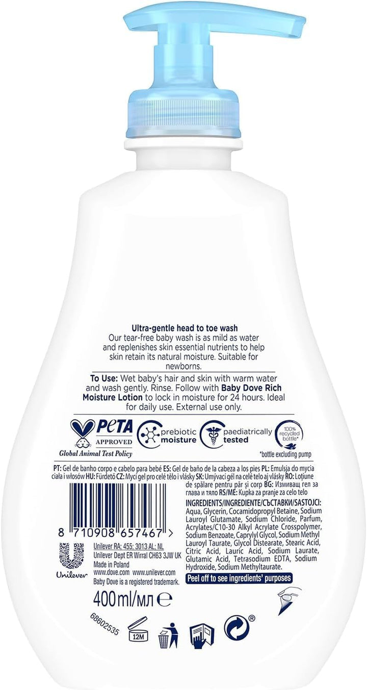 Rich Moisture Head to Toe Wash - Gentle & Nourishing Hair and Body Wash for Babies, Tear-Free Formula, Delicate Fragrance, Keeps Hair and Skin Soft, Ideal for Newborns - 400Ml, Pack of 3