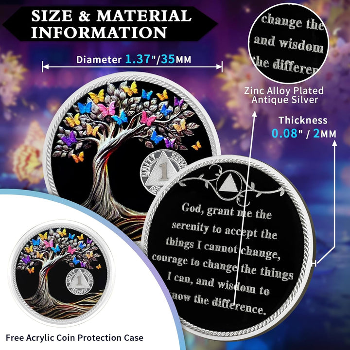 1 Month Sobriety Coin Butterfly Tree of Life AA Chips and Medallions,Sobriety Recovery Chip Sober Token Sobriety Gifts for Men Women Celebrating Alcoholics Anonymous Recovery