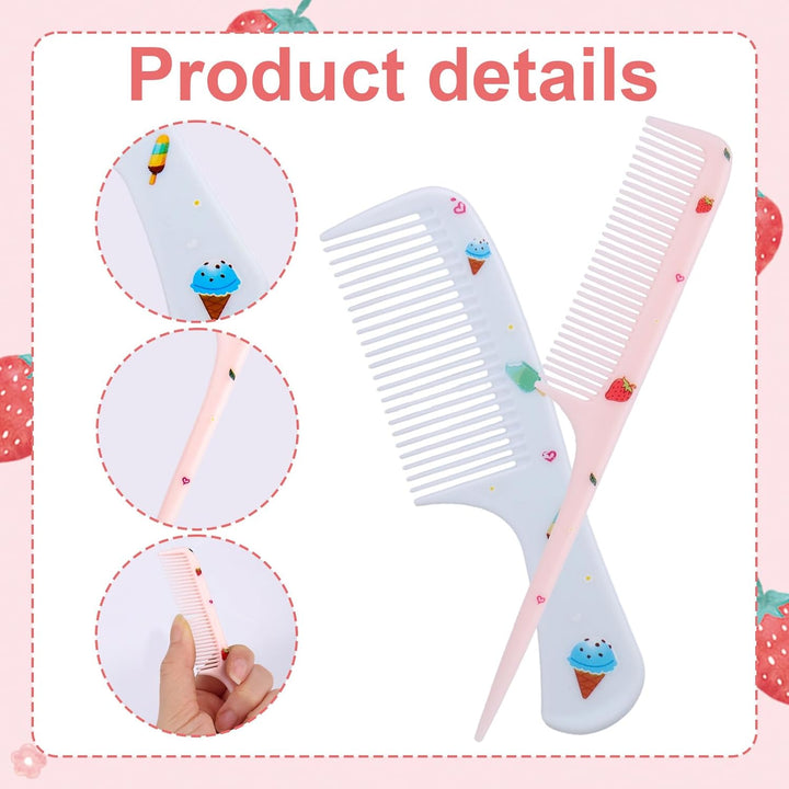 4Pcs Cute Hair Comb Set, Strawberry & Ice Cream Kids Toddler Baby Comb Fine Tooth & Rat Tail Combs Small Tiny Mini Miniature Plastic Hair Brush for Women Girls Kids All Types
