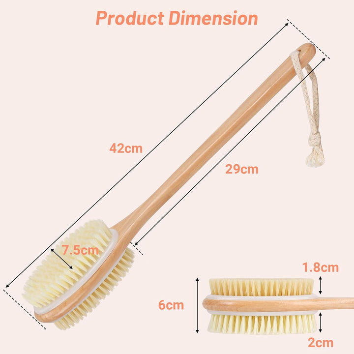 Wooden Back Scrubber for Shower with Long Handle, Dual-Sided Bath Brush Body Scrubber with Stiff and Soft Bristles, Exfoliating Body Brush [Dry and Wet Brushing]