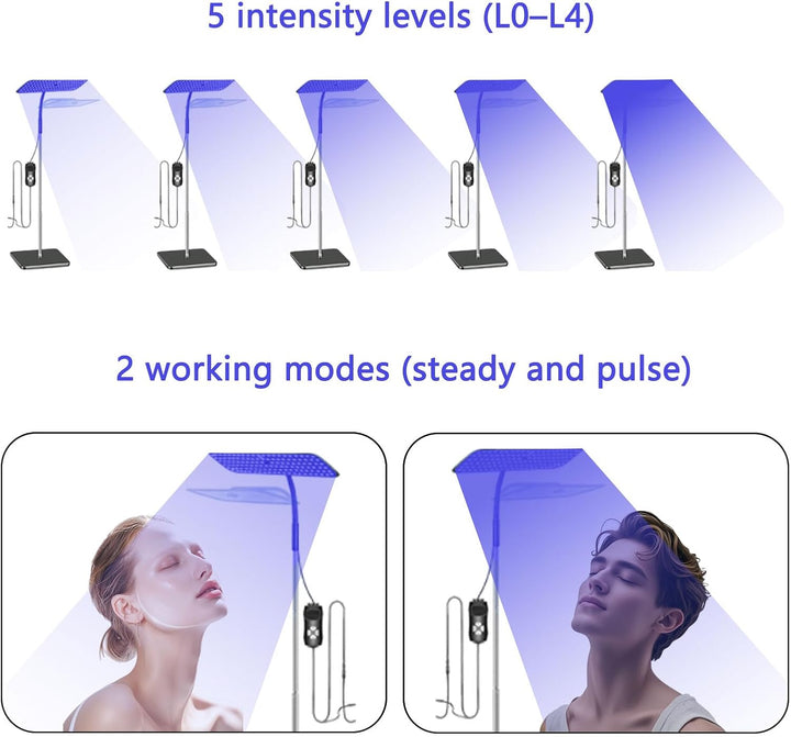 Tanning Lamp, 126 Blue Leds, 360° Rotating Head, Adjustable Height 65–186Cm, Timer & Goggles, Face Tanning Lamp with 3 Wavelengths: 660Nm+850Nm / 660Nm / 850Nm – for Home Use