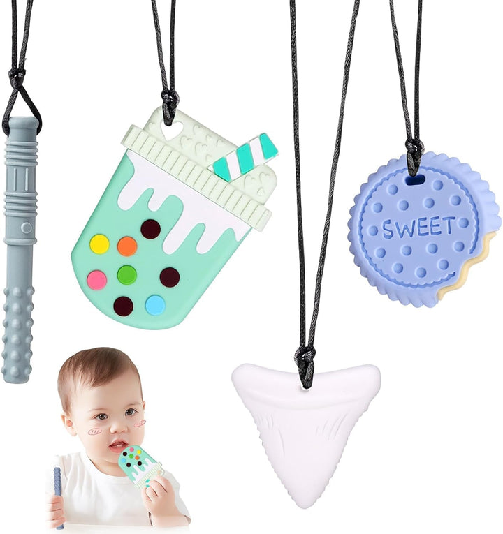 6PCS Sensory Chew Necklace, Teether Chew Toys Safety Food Grade Silicone for Kids Toddlers ADHD, Autistic, Biting Needs, Oral Motor Teether Chew Pendant Toy with Adjustable Buckle for Baby Boys(Green)