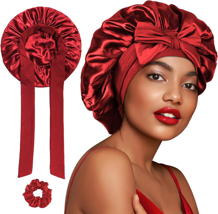 Silk Bonnet, Satin Bonnets for Sleeping, 1 PCS Adjustable Hairs Bonnetss for Women and Hairs Band, Hairs Silk Bonnet for Sleeping, Hairs Bonnets with Tie Band for Curly Hair Braid Women Black