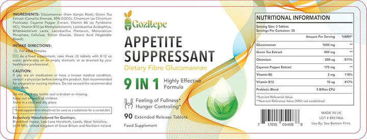 9-In-1 Vegan Appetite Suppressant for Women – High Strength Glucomannan 1600Mg, Green Tea (50% EGCG), Cayenne, Chromium & B Vitamins – 90 Extended Release Tablets