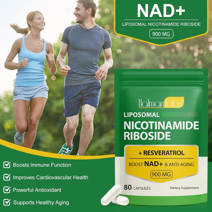 Liposomal NAD+ Supplement with Trans Resveratrol, NAD Nicotinamide Riboside Resveratrol 900Mg Supplement for Anti-Aging, Energy, Focus - Gluten-Free, Non-Gmo- 80 Capsules