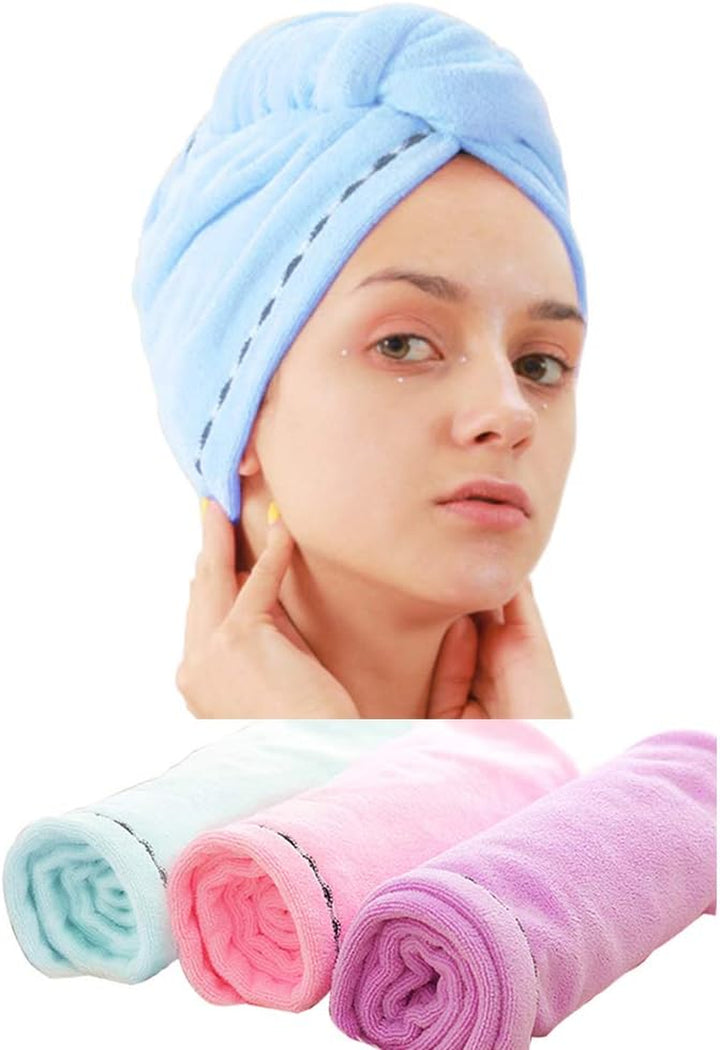 3 Pack Microfiber Hair Drying Towel Wrap Super Absorbent Twist Turban Fast Dry Hair Caps with Buttons Bath Loop Fasten Salon Dry Hair Hat (Gray Pink Blue)