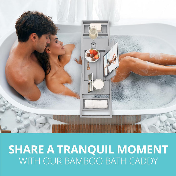 Bamboo Bath Tray - Extendable Bath Caddy - Natural Wooden Bathtub Tray with Candle, Wine Glass, Book Rest, Ipad & Phone Holder Stand - Luxury Bathtub Accessories - Bath Accessories (Grey)