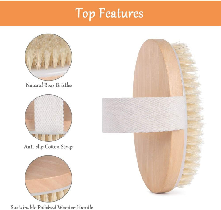 Body Brush, Natural Bristle Shower Brush, Dry Brushing Back Scrubber for Exfoliating, Massage, Improve Blood Circulation Cellulite