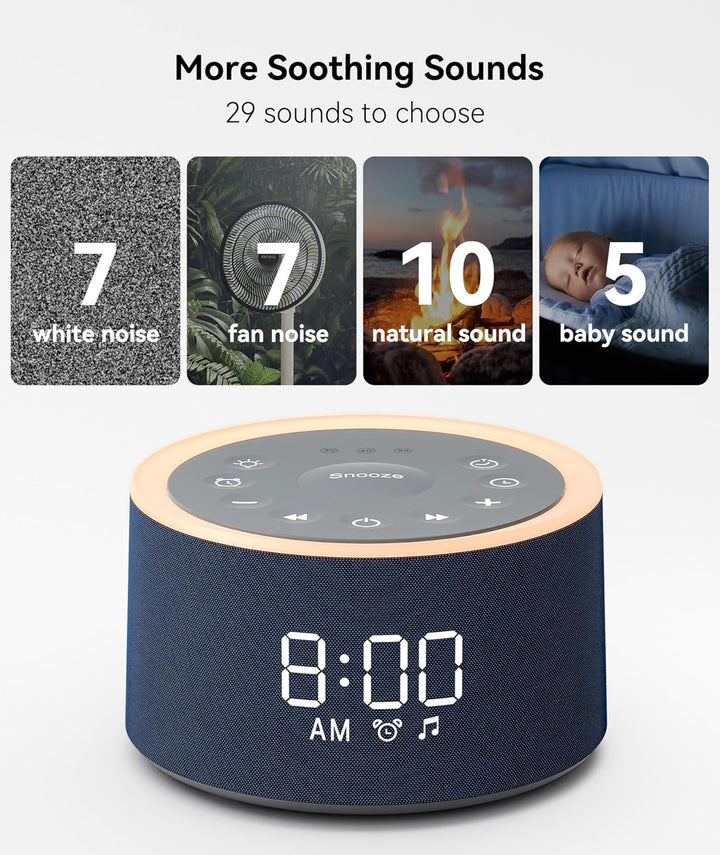 White Noise Machine, D1+ White Noise Machine with Nursery Night Light 29 Soothing Sounds, Sound Machine Alarm Clock with 6 Wake up Sound for Adults Baby, 0-100% Dimmable Display, Snooze, Blue