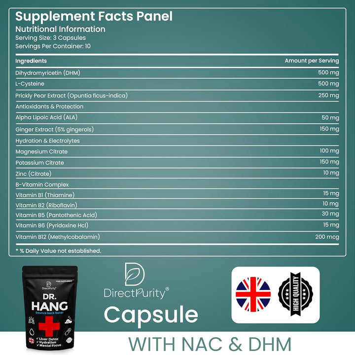 Dr Hang - after Party Recovery Supplement – DHM, Prickly Pear,Rosemary Leaf, Magnesium & B Vitamins – 30 Capsules – Full Liver Detox Formula