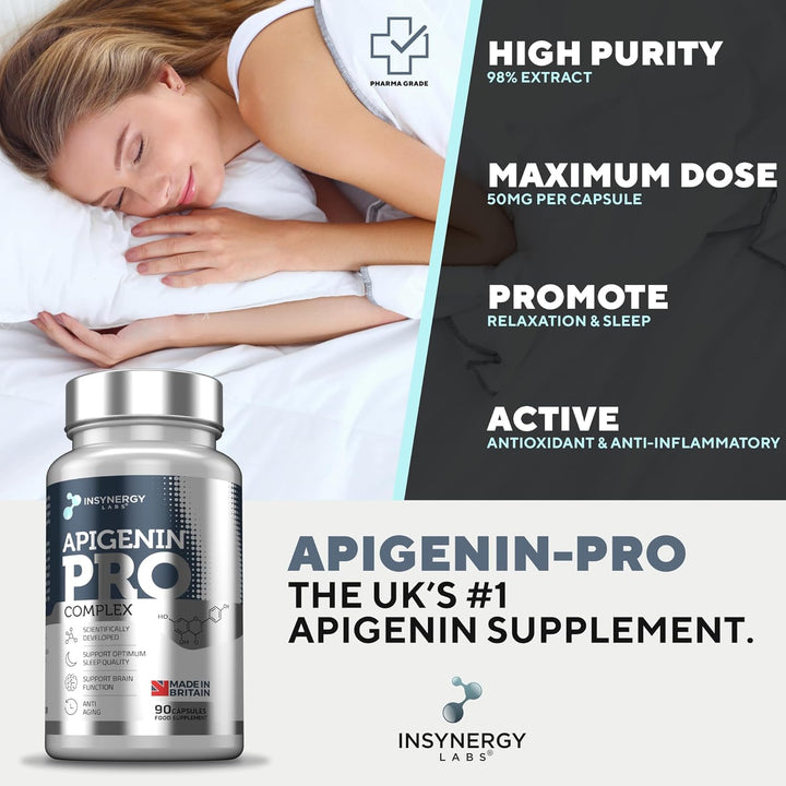 Apigenin 3 Month Supply (98% Purity) Superior Chamomile Apigenin 90 Vegan Caps, Sleep Supplement, Relaxation Support, NAD+ Booster, Sleep Aid Relaxation & Mood