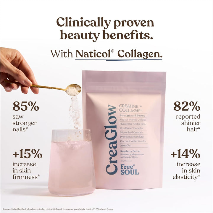 Creaglow™ Naticol Marine Collagen + Creatine Monohydrate + Electrolytes Powder | Glow & Strength All in 1 with Magnesium, Vitamin C, Biotin & Hyaluronic Acid | Raspberry Flavoured |