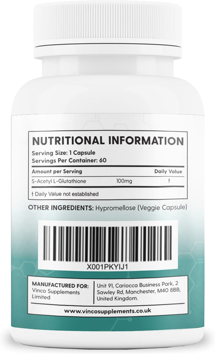Vinco S-Acetyl L-Glutathione Supplement, 60 L-Glutathione Capsules, Antioxidant Supplement, Support Immune System & Neuron Health- 100Mg per Serving, Protects Liver Function - Non-Gmo & Gluten Free