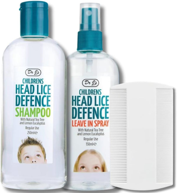 Dr J’S 3-Piece Head Lice Prevention Kit – Tea Tree & Lemon Eucalyptus Shampoo, Lice Repellent Spray & Nit Comb | Natural Nit & Lice Defence for Kids | Packaging and Colours May Vary