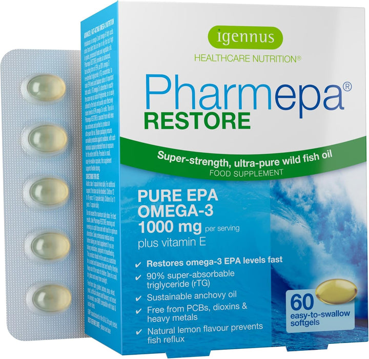 Igennus Pharmepa Restore, Pure EPA 1000Mg, IFOS Certified, Omega-3 Triglyceride Form Fish Oil, Highly Absorbable Rtg Form, 90% Concentration, Wild & Sustainable, Lemon Flavour, 60 Softgels