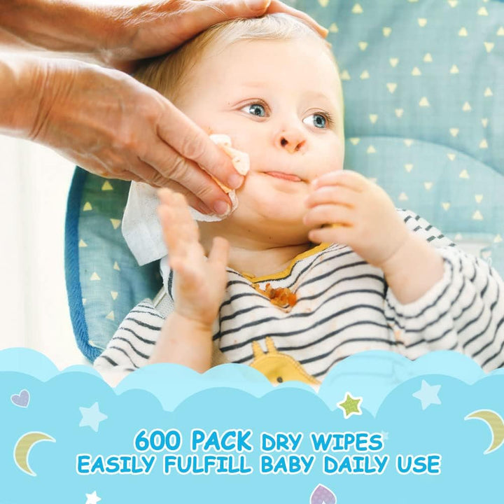 Baby Dry Wipes - Super Soft & Gentle Baby Washcloths, Use Wet or Dry, 100% Unscented Tissue for Babies Sensitive Skin, Ideal for Diaper Changes, Feeding, Nursing, Runny Nose & Drool, 600 Count