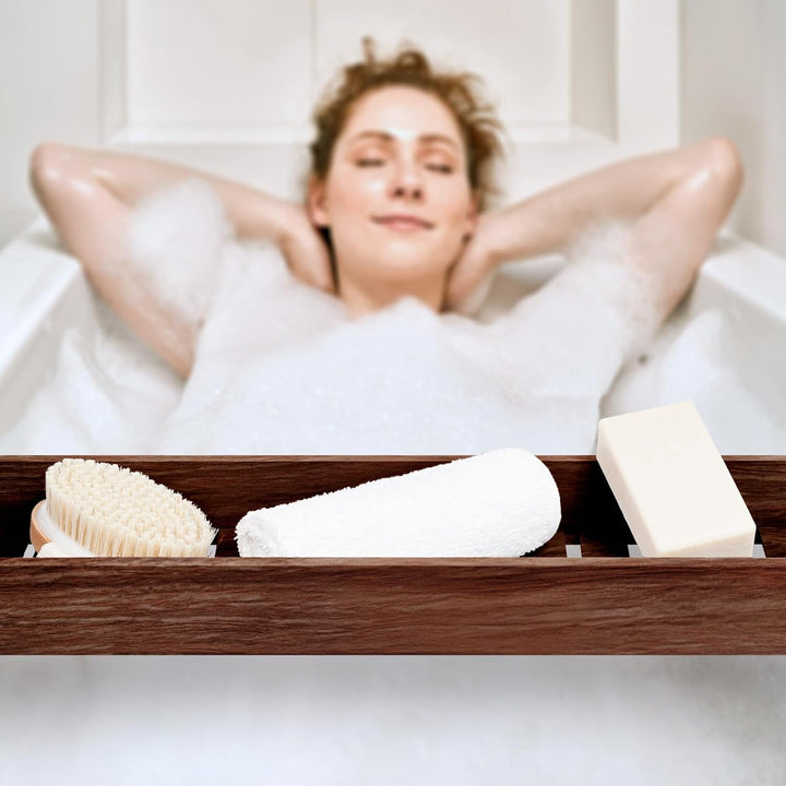 Slimline Acacia Wood Bathtub Caddy Tray Bridge Wooden Bath Rack Bathroom Accessory Bath Shelf over Tub Bathroom Board Storage Shelf Tidy Relax Organiser, 70 X 14.5 X 7.5 Cm - Natural