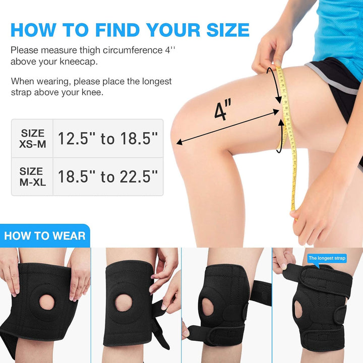 Knee Support with Open-Patella Design for Joint Pain, Sports, Injury Rehabilitation, Adjustable Knee Brace for Men Woman with 3 Straps, for Knee Circumference (12.5" to 18.5")