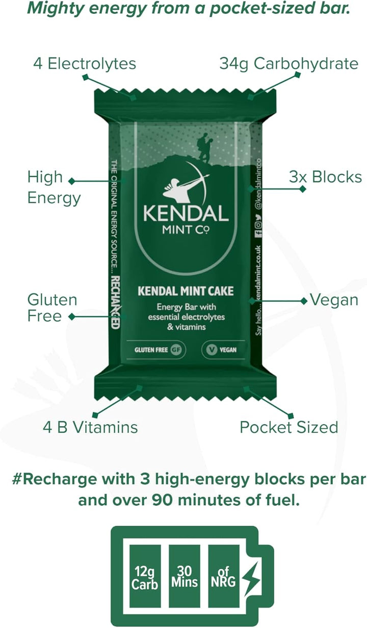 KMC Energy Bars Pocket-Sized, Original Flavour, Kendal Mint Cake Recharged, Vegan, Gluten Free with Essential Electrolytes & Vitamins35G (Original, Pack of 6)