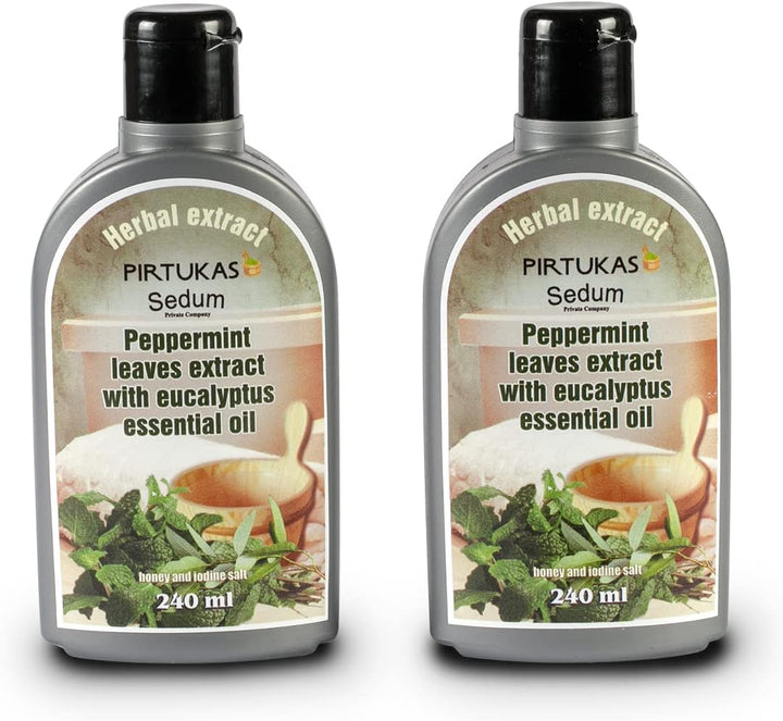 Natural Herbal Extract for Sauna, Massage, Broom Soaking - Sauna Infusion with Peppermint Leaves Extract with Eucalyptus Essential Oil, Honey and Iodine Salt - 240Ml