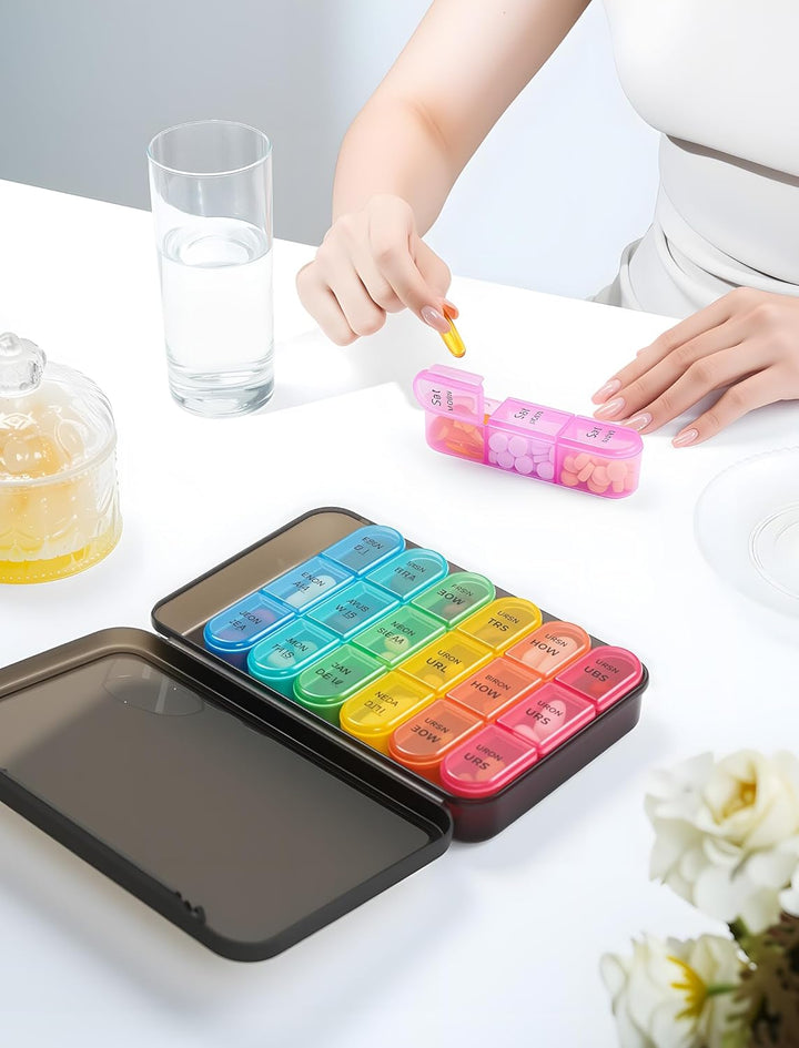 Weekly Pill Box 7 Day 3 Times a Day (Morn/Noon/Night), Daily Portable Travel Pill Box Organiser, Tablet Organiser with Large Compartments, Hold for Fish Oils, Vitamins, Supplements (Black)