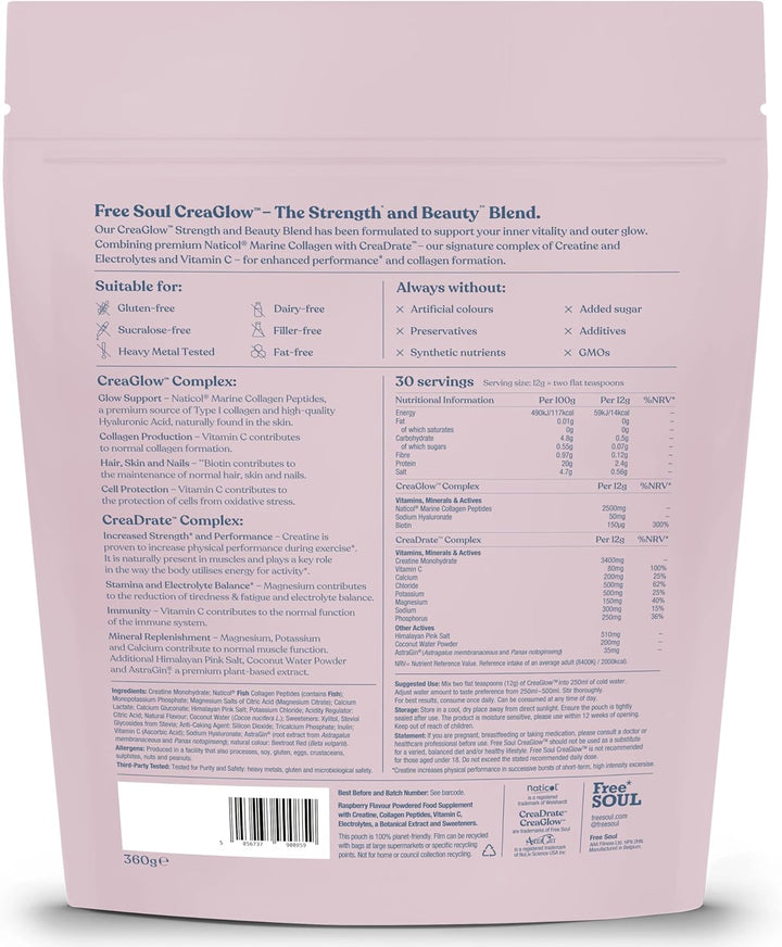 Creaglow™ Naticol Marine Collagen + Creatine Monohydrate + Electrolytes Powder | Glow & Strength All in 1 with Magnesium, Vitamin C, Biotin & Hyaluronic Acid | Raspberry Flavoured |