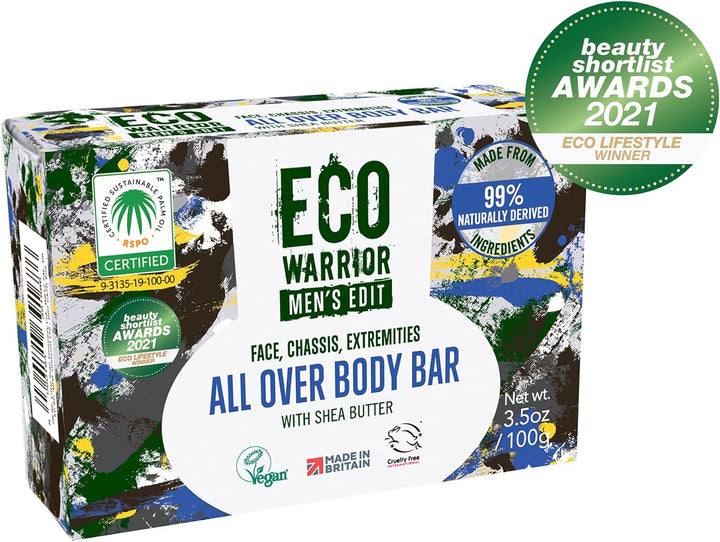 Eco Warrior Men'S Edit All over Body Soap Bar | Vegan, Natural, Cruelty-Free, Eco Friendly | Free from SLS or Parabens | Nourishing Mens Soap with Shea Butter and Essential Oils | Mens Gifts, 100G