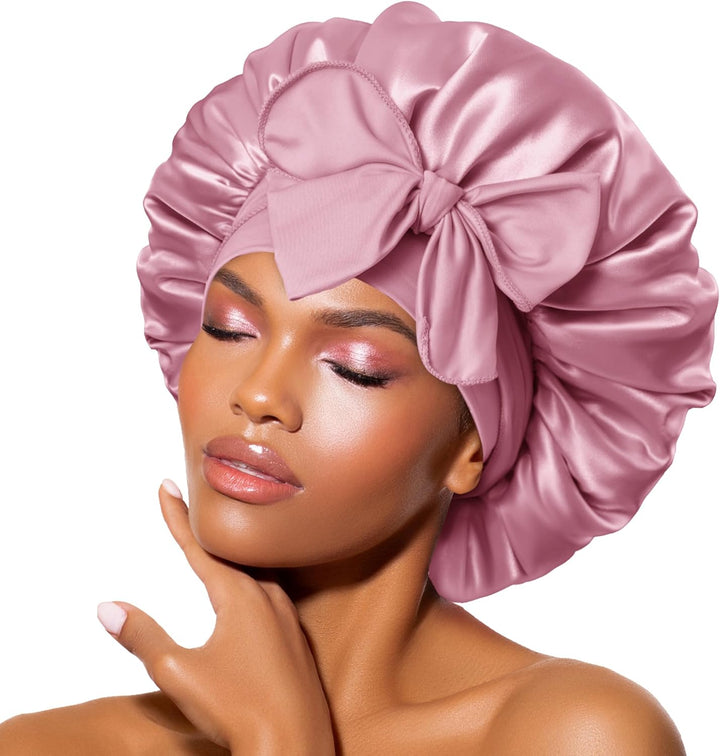 Silk Bonnet for Sleeping for Curly Hair, Satin Bonnet Hair Wrap for Women & Men, Adjustable Silk Scarf Night Cap with Tie Band, Champagne